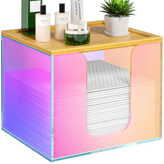 VITVITI Disposable Face Towel Holder Box, Acrylic Facial Towel Container for XL Clean Skin Club, Large Disposable Face Towels Storage with Bamboo Lid, for Bathroom, Vanity Makeup, Rainbow