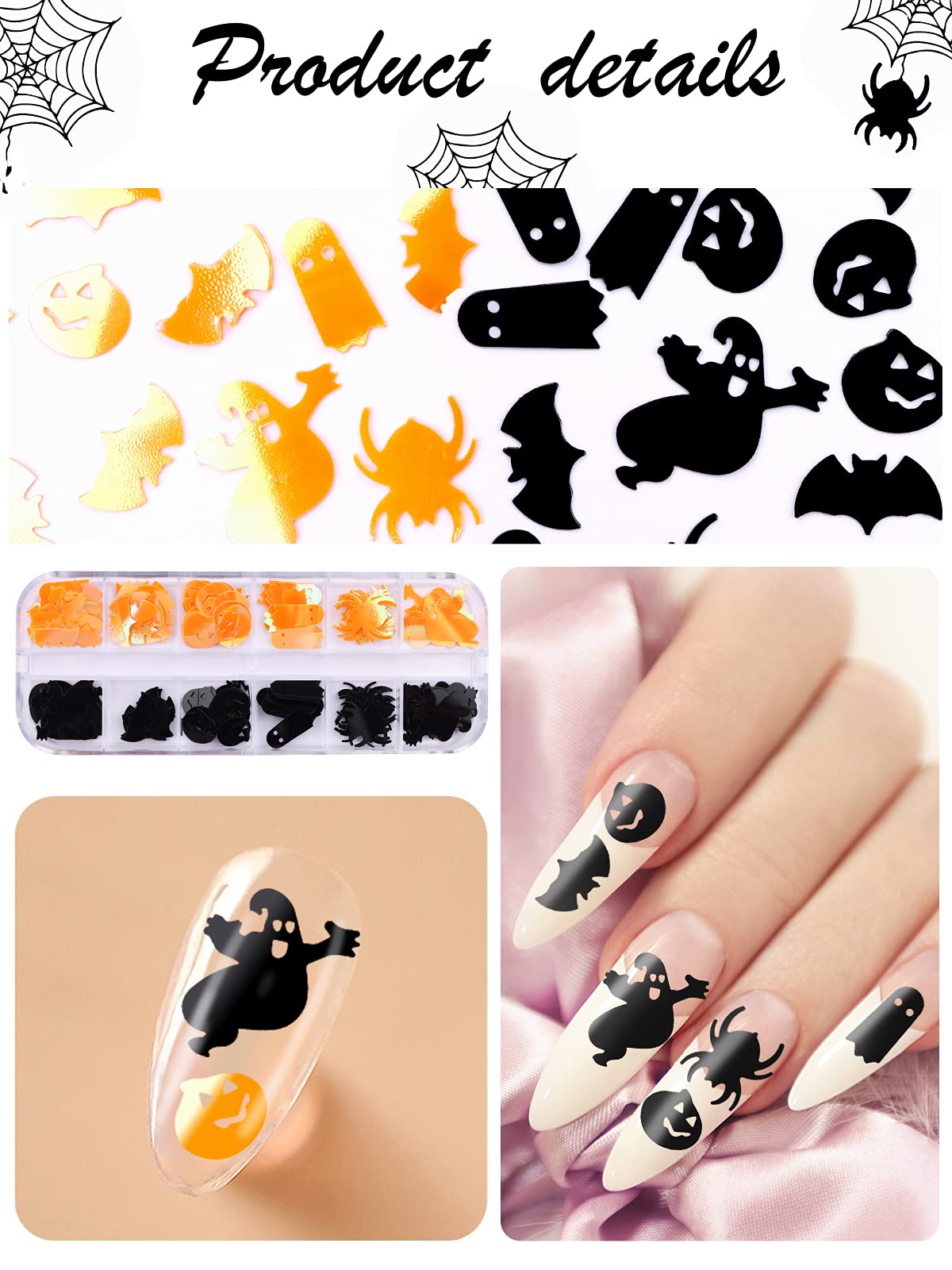 EBANKU 4 Boxes Halloween Nail Art Glitter Sequins, 3D Holographic Skull Spider Pumpkin Bat Ghost Witch Shape Nail Glitter Flakes, Laser Sequins for Nails Design Halloween Party