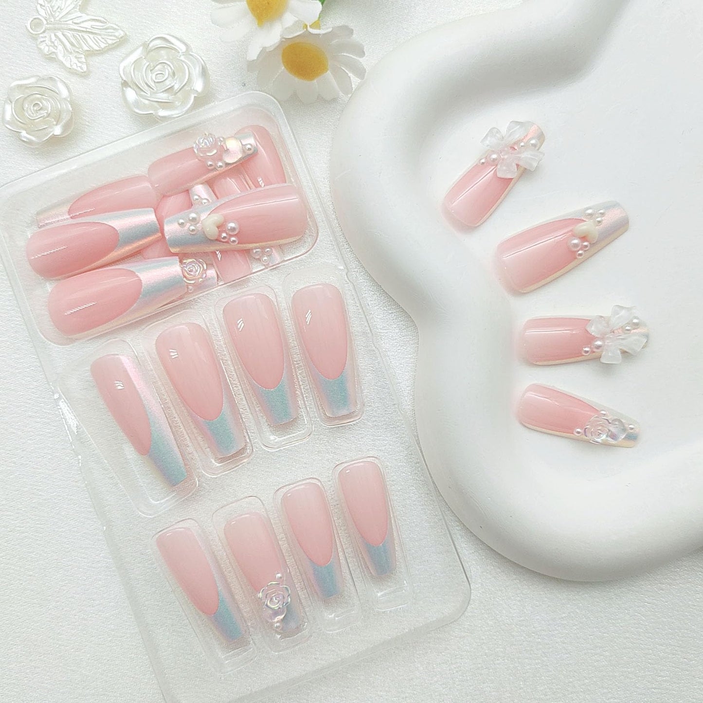 White French Tip Press on Nails Long Coffin, Bow & Pearls Fake Nails Light Pink Full Cover Acrylic Nails Heart & Camelia Glue on Nails Luxury Glossy Stick on Nails for Women 24Pcs