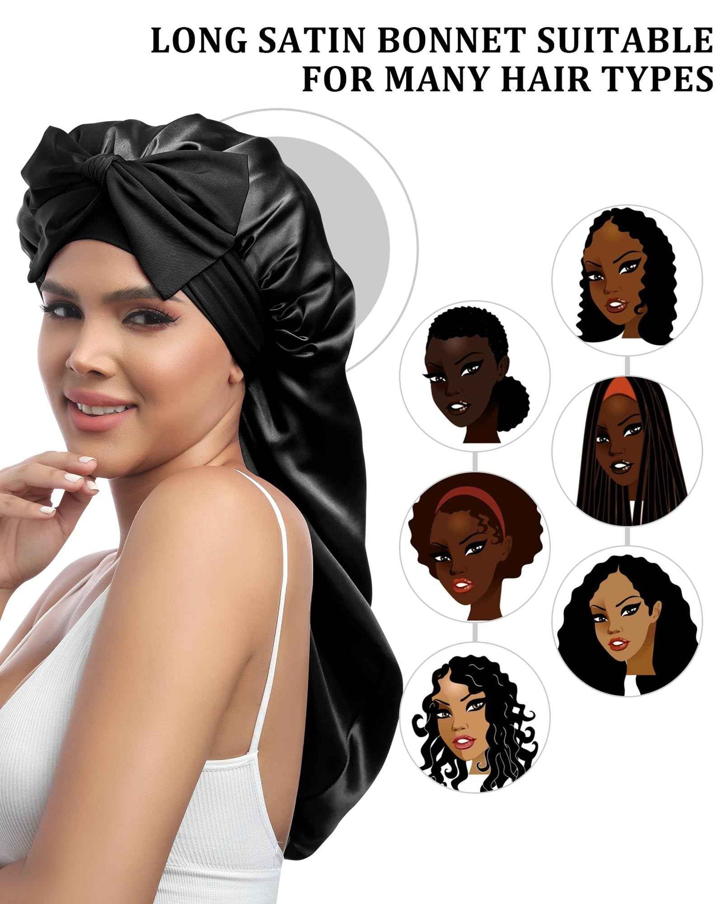 AWAYTR Long Satin Bonnet for Sleeping - Double Layer Reversible Silk Bonnet for Long Hair Women Sleeping Cap with Tie Band (Black+Light Blue)