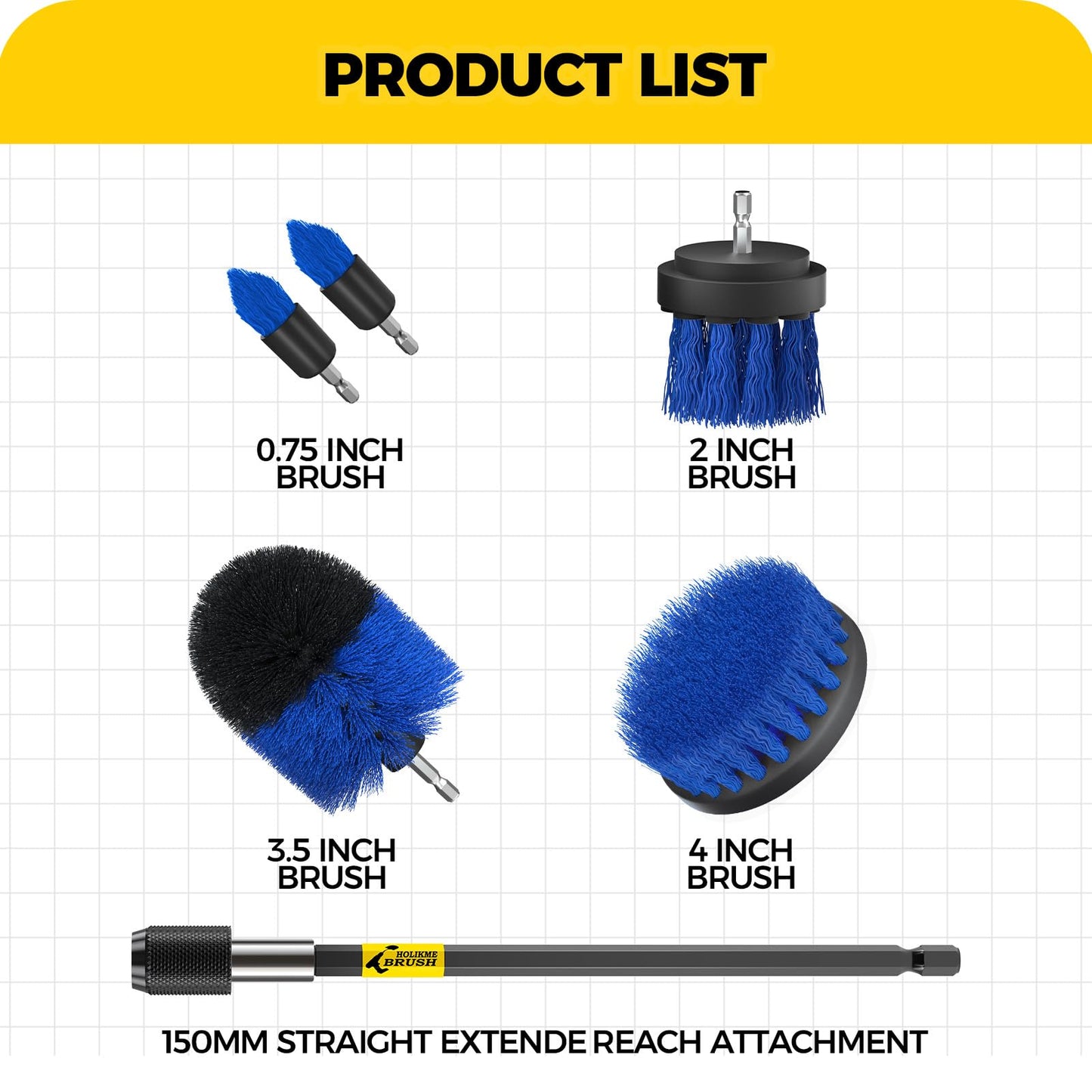 Holikme 6Pack Drill Brush Power Scrubber Cleaning Brush Extended Long Attachment Set All Purpose Drill Scrub Brushes Kit for Grout, Floor, Tub, Shower, Tile, Bathroom，Scrub Brush Blue