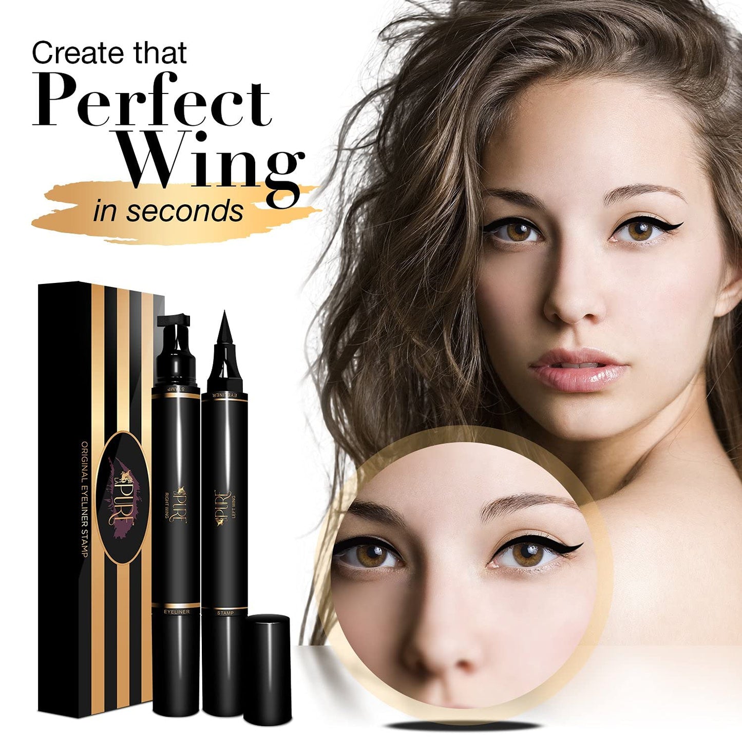 LA PURE Wing Eyeliner Stamp Pens 2x Liquid Cat Eye Winged Eyeliner Stamp & Fine Tipped Pen Eyeliner Stencil Smudge Proof Black Eye Liner Tiktok Trend Items Sweatproof -Black 10mm