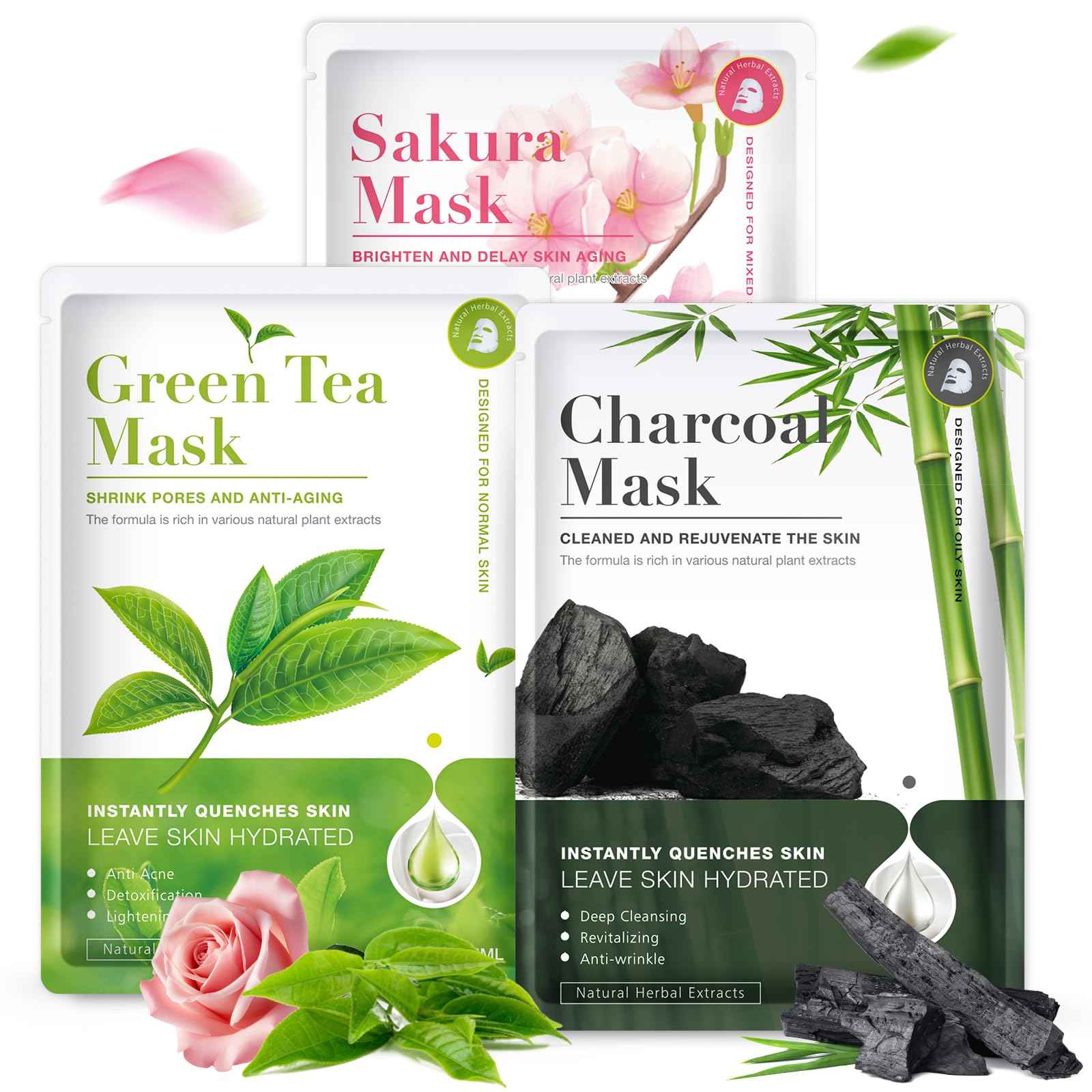 Liyawudo 18 Pack Centella Asiatica Face Mask Set – Hydrating Face Masks with Green Tea, Sakura & Charcoal | Moisturizing Facial Masks for Women | Sensitive & All Skin Types
