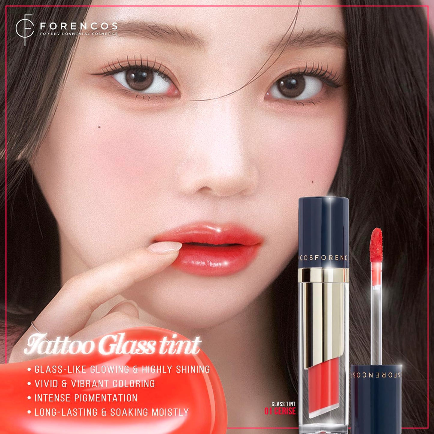 FORENCOS Tattoo Glass Lip Gloss Tint, Korean Glossy Tint/Stain, High Pigmentation, Glasting Shine, Long Lasting, Moisturizing, Lightweight, Non-Sticky Formula (01 CERISE)