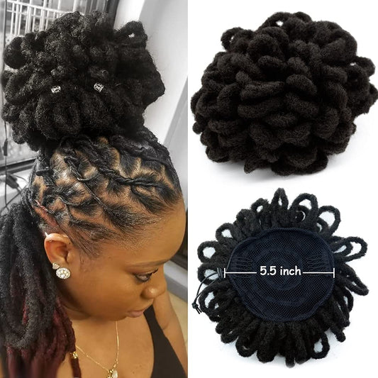 Yinmei Baibian Dreadlocks Bun Afro Puff Drawstring Ponytail Hair Chignon Nu Locs Braids Buns Hairpiece Synthetic Clip in Hair Extensions for Black Women(2#)
