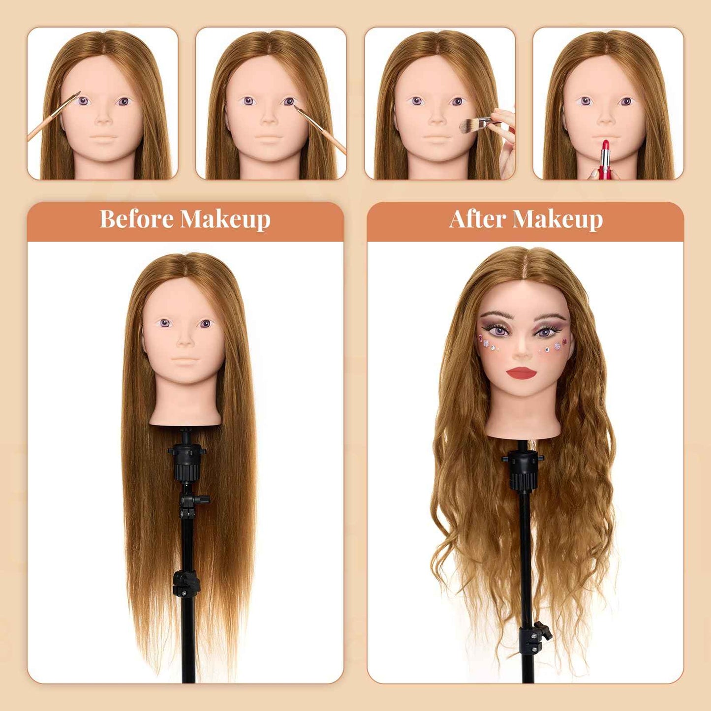 Mannequin Head with 80% Real Human Hair, 28“ Make up Cosmetology Manikin Practice Head with Hair,Braiding Hairdressing Doll Head with Table Clamp + DIY Hair Styling Set Suitable for Hair Extensions