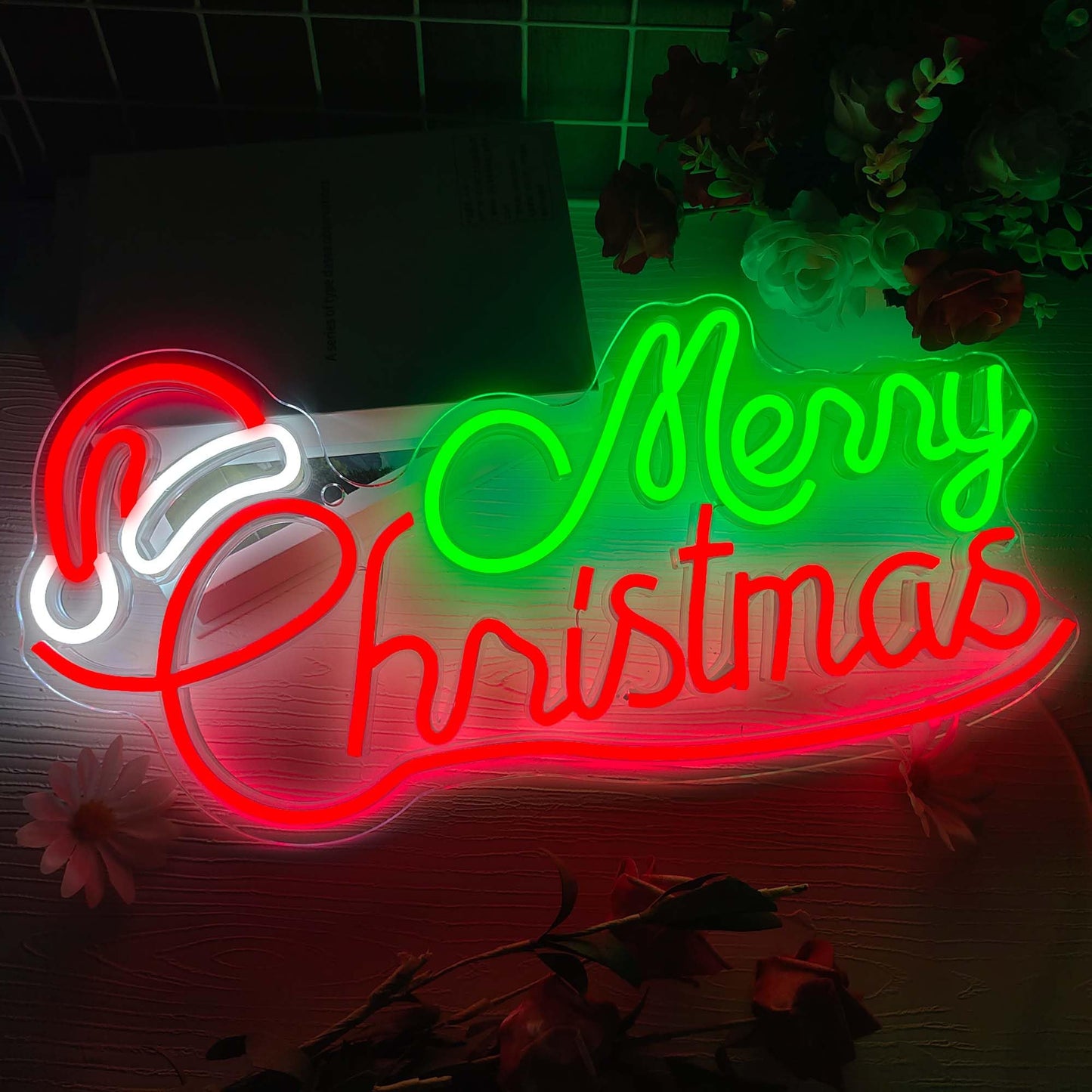 Merry Christmas Neon Signs for Wall Decor, Red Christmas Hat LED Sign Neon Lights Sign USB Powered Dimmable Switch for Indoor Party Kids Bedroom Bar Pub Club Birthday Party Gift(16.8 * 8.2in)