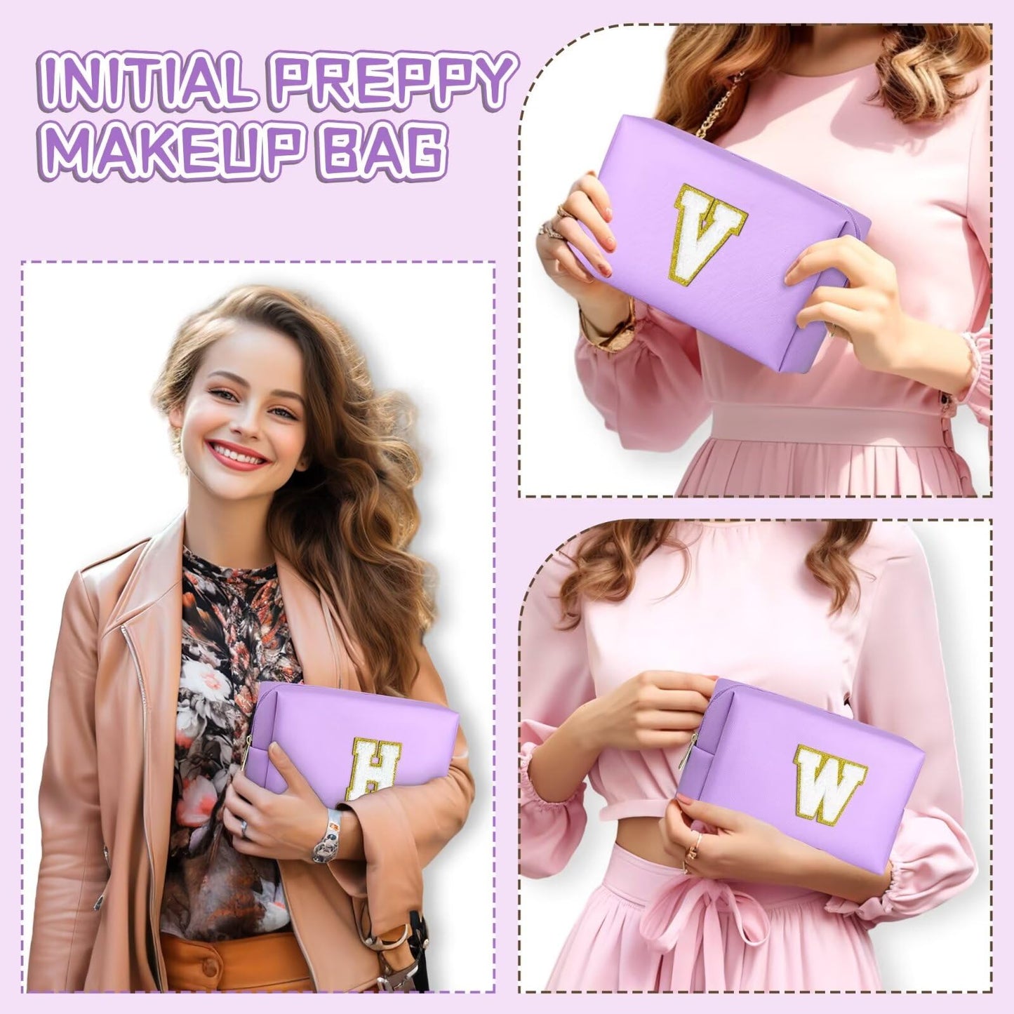 TOPEAST Preppy Makeup Bag, Personalized Initial Bags with Zipper, Cute Makeup Pouch, PU Leather Waterproof Cosmetic Bag, Birthday Gift For Daughter, Preppy Things For Teen Girls (Purple A)