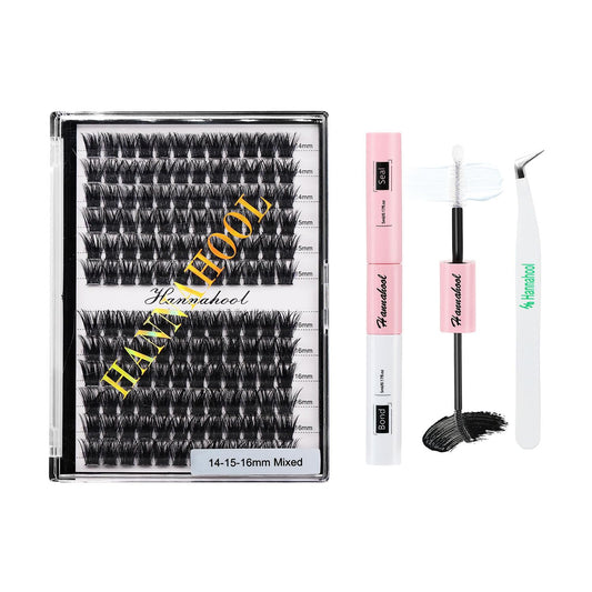 Hannahool 12rows-Large Tray Mixed 8-10-12-14-16mm/Mixed 14-15-16mm/Mixed14mm-16mm/Mixed 18-20mm Wide Stem Individual False Eyelashes Dramatic Black Cluster Eyelashes (Lashes Kit-14-15-16MM)