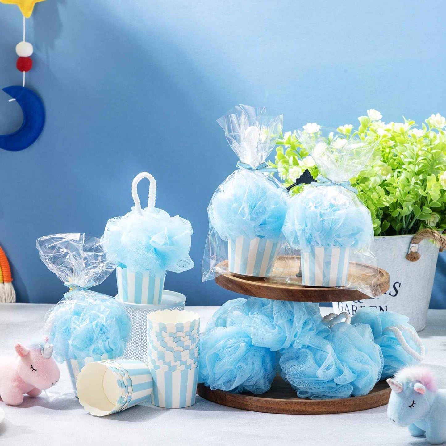 50 Set Baby Shower Loofahs Party Favors for Guests Include Bath Sponge Loofahs with Cupcake Gift Packaging Bow and Clear Plastic Bags for Baptism Gender Reveal Birthday Wedding Stuffers (Blue)