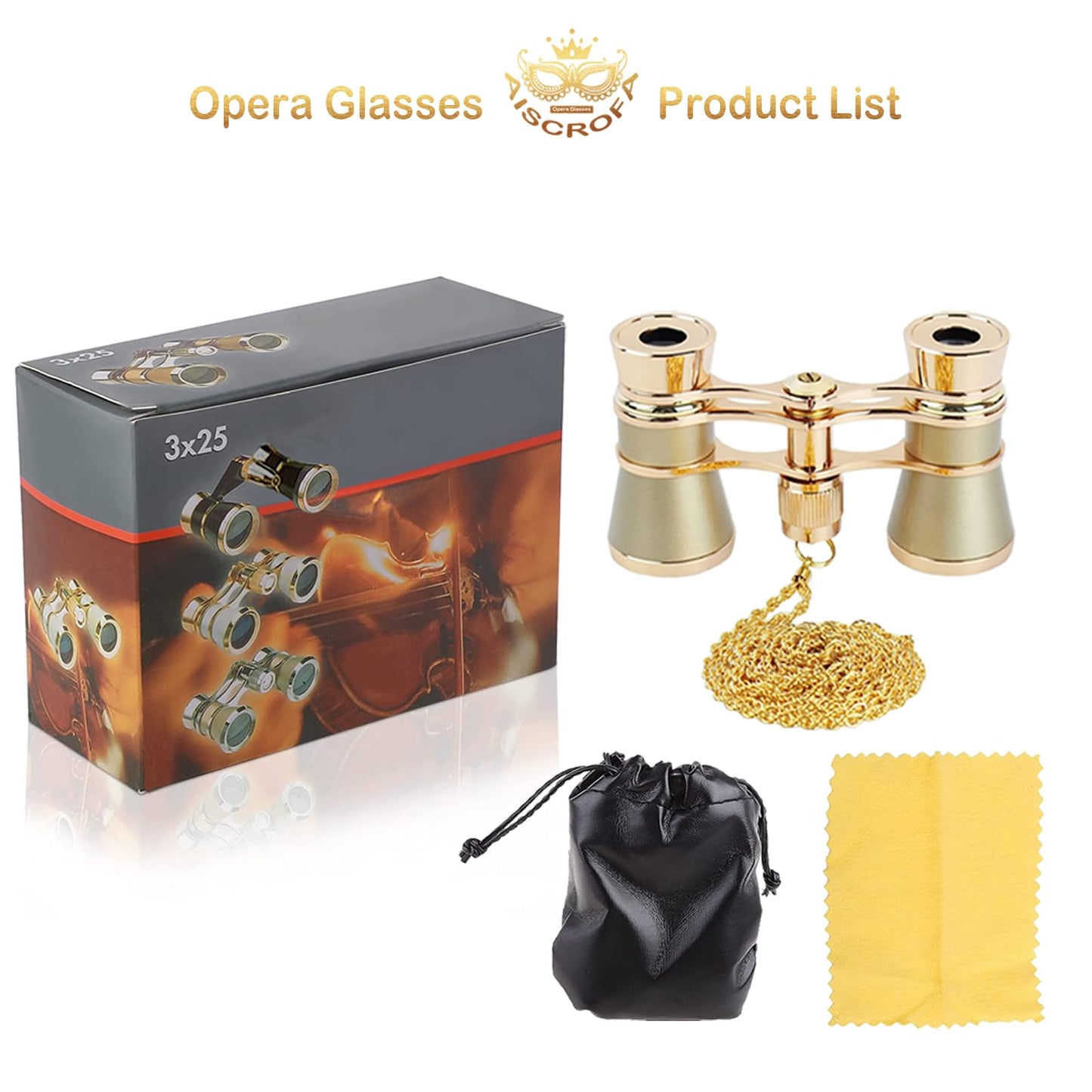 AiScrofa Opera Glasses Binoculars 3X25,Mini Binocular Compact Lightweight,with Chain for Adults Kids Women in Musical Concert (Gold with Chain)