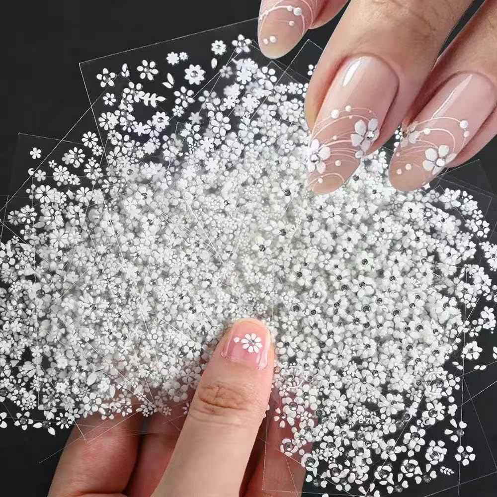 White Flower Nail Art Stickers White Flower with Rhinestones Nail Decals 3D Self Adhesive Nail Stickers Nail Art Designs Flowers Sticker for Nails Decorations 30 Sheets