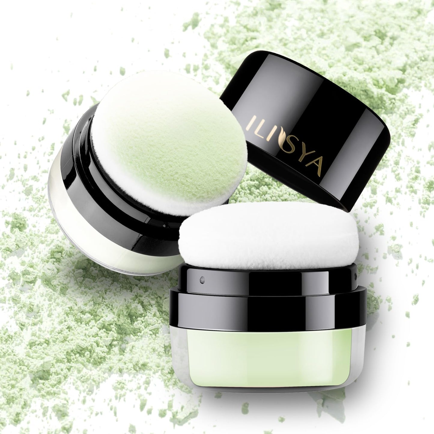 Setting Powder Lightweight Loose Powder Finishing Powder Long-Lasting Face Powder Waterproof with Soft Mushroom Powder Puff & Mirror, Translucent Finish (Light Green/Translucent)-2 Boxes