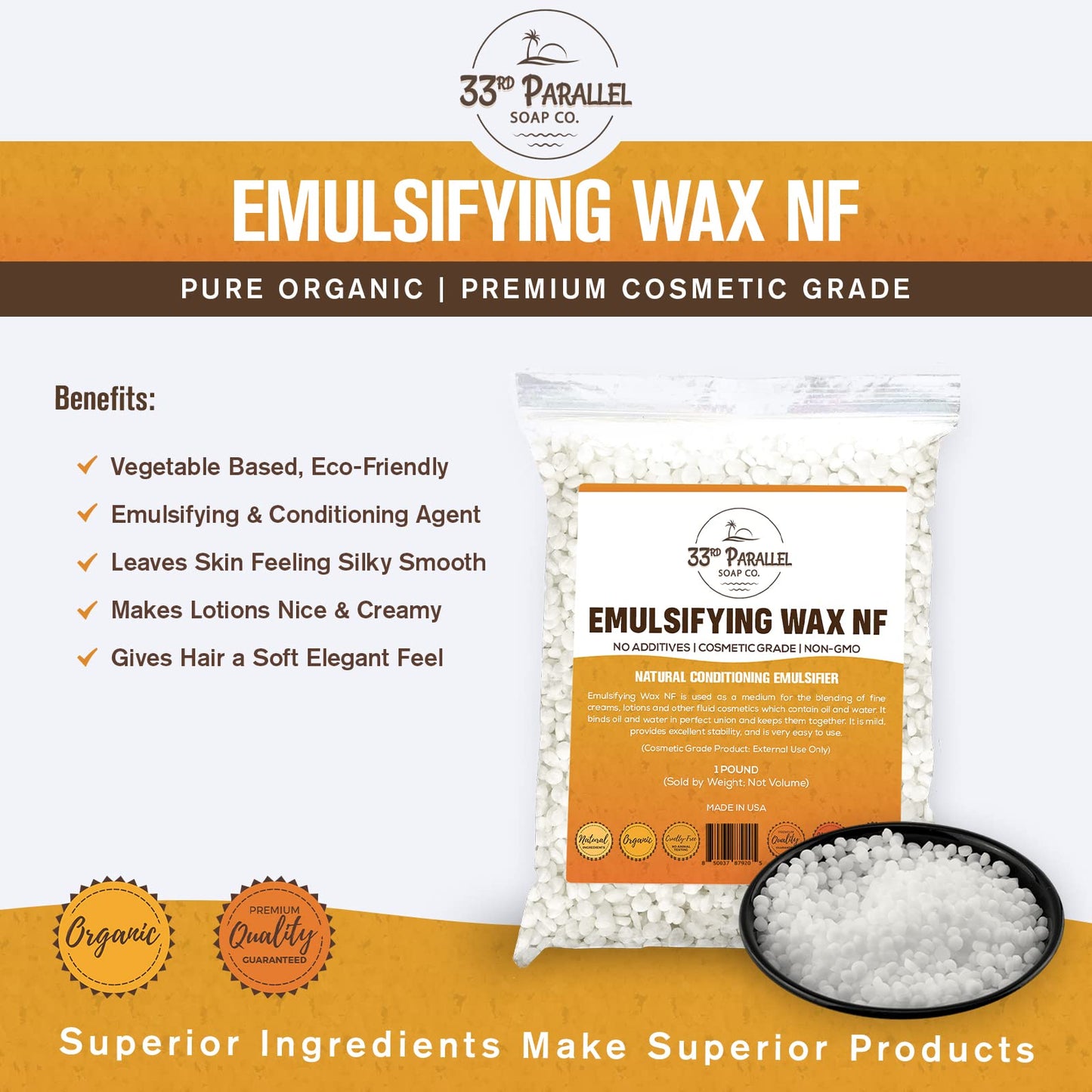 Non-GMO Emulsifying Wax NF Pastilles (1 LBS / 16 OZ) 100% Natural Plant Derived | For Lotions, Creams, Soap Making, Hair Products | Cosmetic Grade | Product of USA | 1 POUND