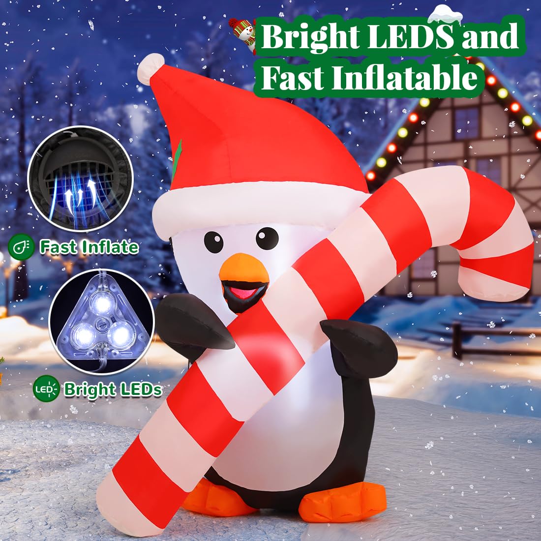 GOOSH 5 FT Christmas Inflatables Penguins Outdoor Decorations Blow Up Yard Penguins Holding Candy Cane with Built-in LEDs for Xmas Holiday Party Indoor Garden Lawn Decor