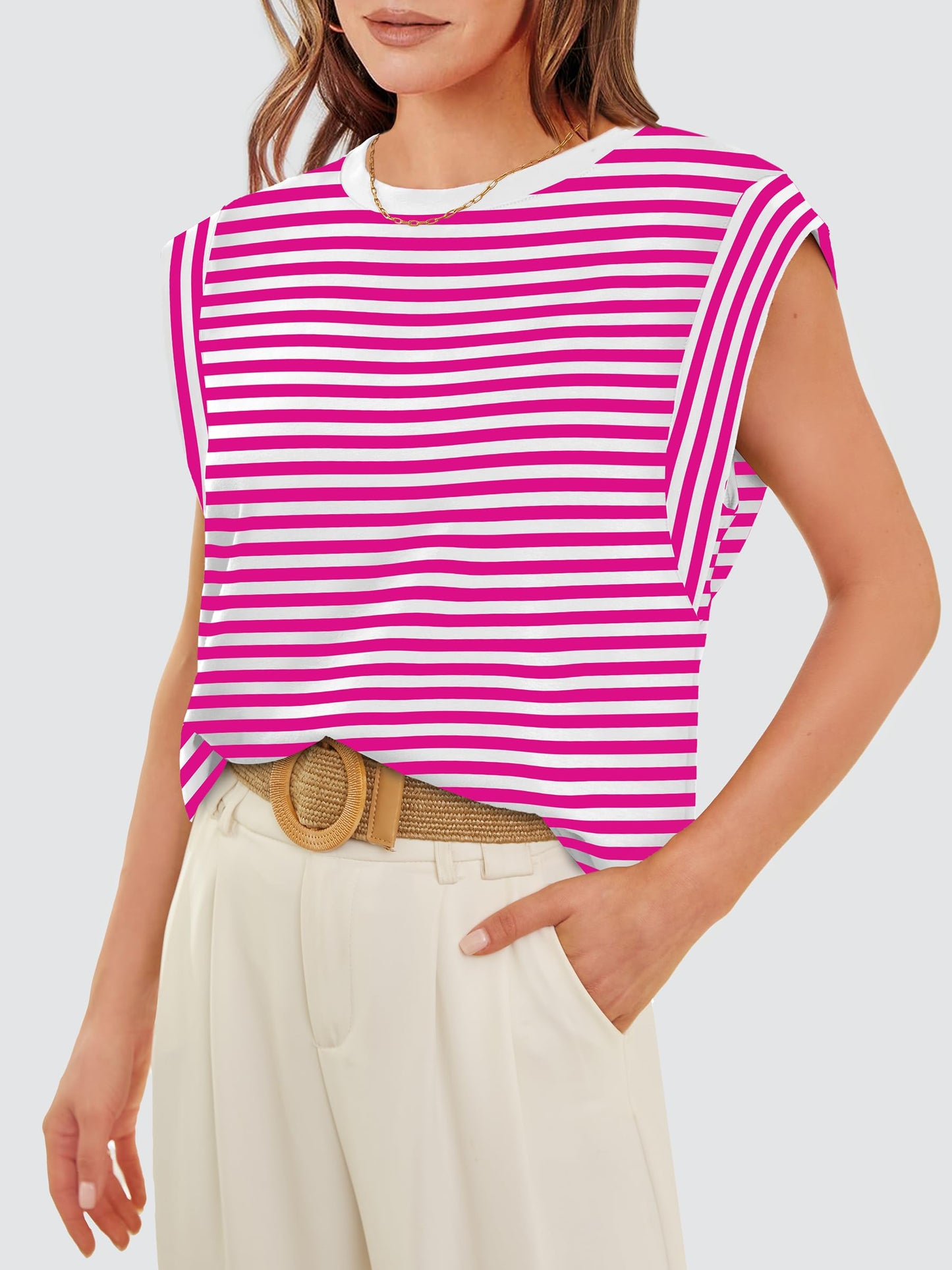 Cute Top for Women Summer Tops 2024 Casual Womens Tank Top Fashion Trendy 2024 Fuchsia Striped S