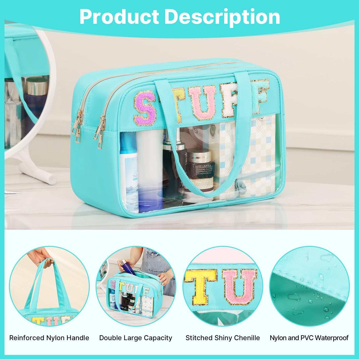 JKAOO Chenille Letter Clear Makeup Bags, Preppy Patch Nylon Makeup Bag with Handles, Waterproof Large Clear Stuff Cosmetic Bag Toiletry Bag (10L Plus Size, Mint Green-STUFF)