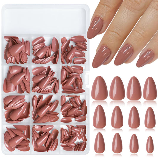 LuckForever 360pc XS Almond Press on Nails Short Fake Nails Brown Glue on Nails XS Short Acrylic Nails Press ons Nail Almond Artificial Fingernails Brown False Nails Tip with Nail Glue Adhesive File