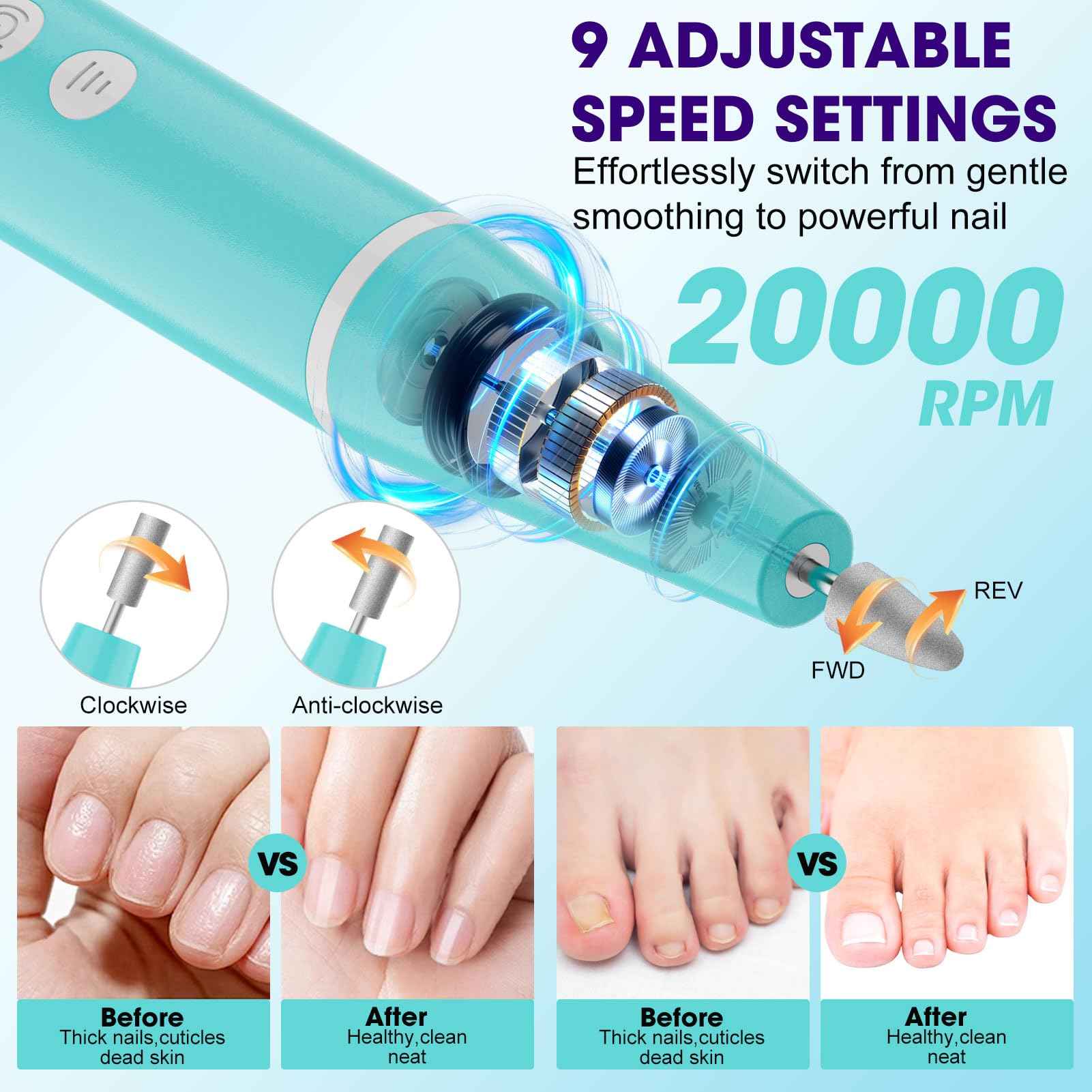 Electric Cordless Nail Drill, Super Lightweight Electric Nail File, Professional Manicure Pedicure Kit with 9 Speed & LCD Display, Nail Grinder for Thick Toenail Cuticle Women Men Baby Pets