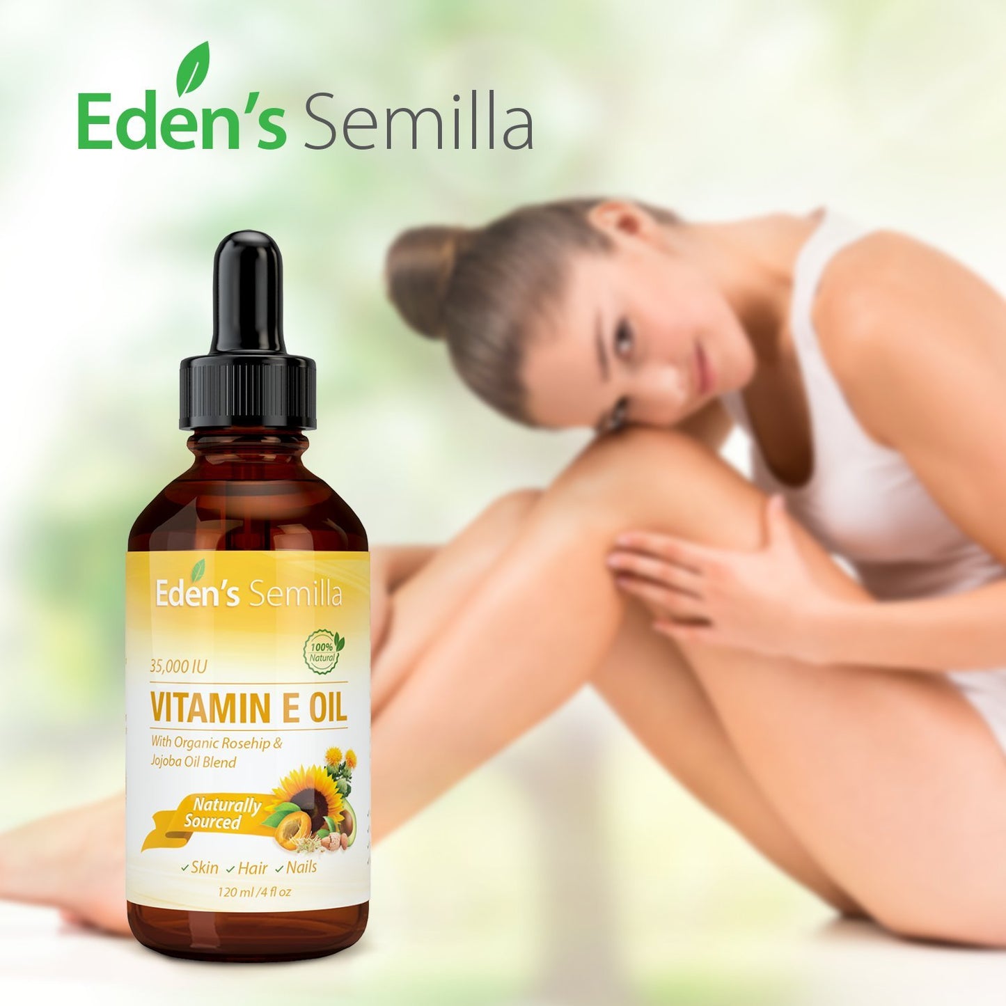 Eden's Semilla 100% Plant Extract Vitamin E Oil 35,000 IU + Organic Rosehip & Jojoba Blend - Fast Absorbing Skin Protection for Face & Body. Pure Ingredients - Ideal for Sensitive Skin - Use Daily