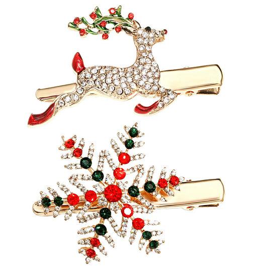 Christmas Hair Clips for Women Girls Xmas Reindeer Wreath Hair Clip Holiday Rhinestone Snowflake Hairpins Festive Hair Barrettes Party Headwear Gifts (Style B Reindeer+Snowflake)