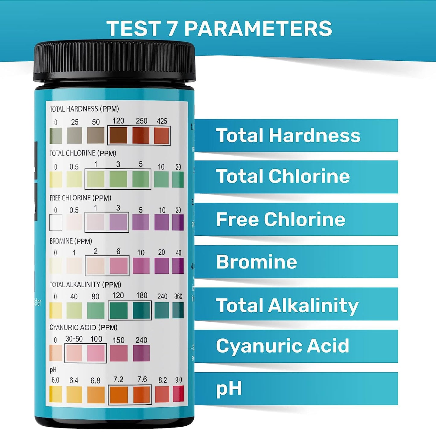 7-Way Pool Test Strips, 100 Quick & Accurate Pool and Spa Test Strips, Pool Water Test Kit - Chlorine, Bromine, pH, Hardness, Alkalinity, Pool Water Tests, Spa and Hot Tub Test Strips with Ebook - JNW