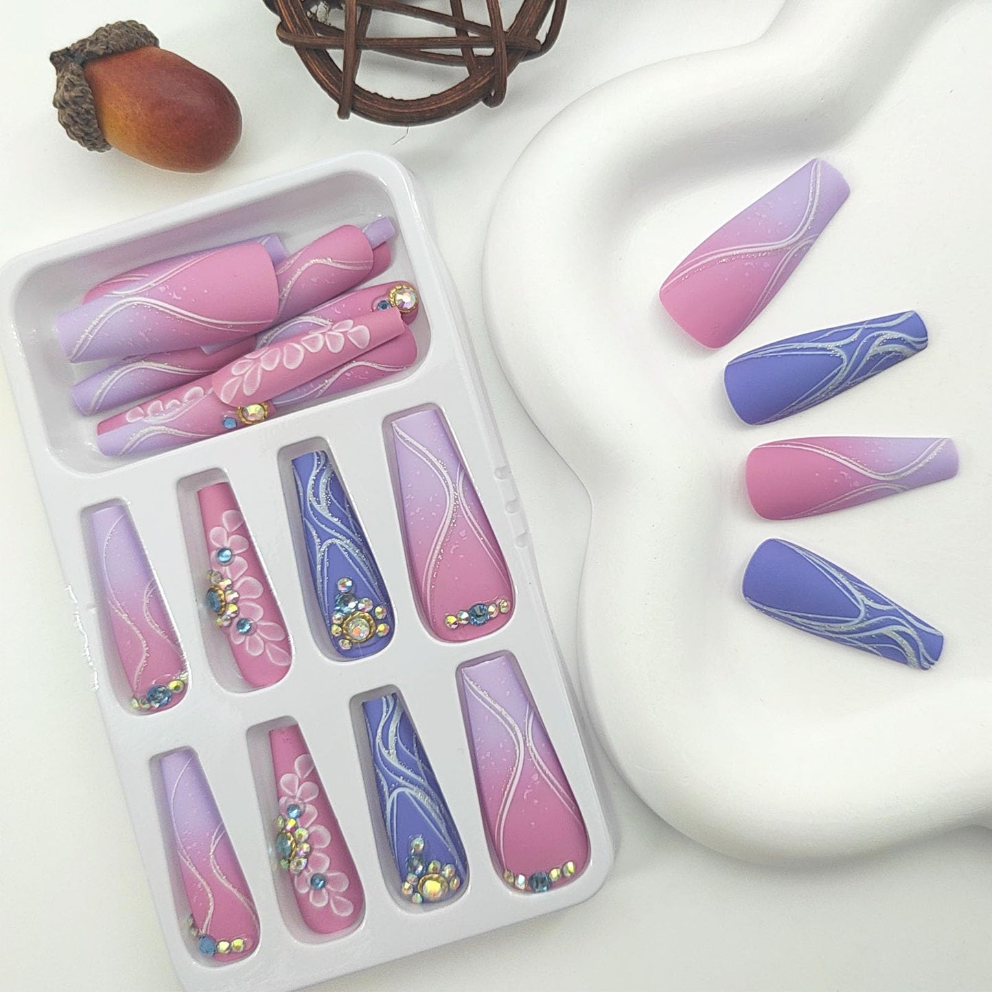 Coffin Press on Nails Long Petal Glue on Nails Swirls Fake Nails Pink & Purple Full Cover Acrylic Nails Matte False Nails with Rhinestones Designs Ombre Stick on Nails for Women 24Pcs