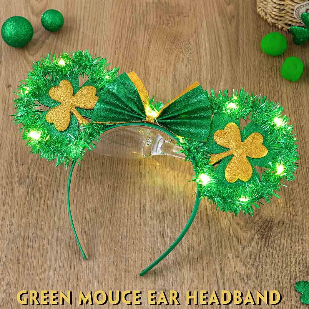 Aceorna Light Up St Patricks Day Headbands Led Green Mouse Ear Hairbands Clover Bow Hair Hoop Foil Irish Headpiece for Women (A)