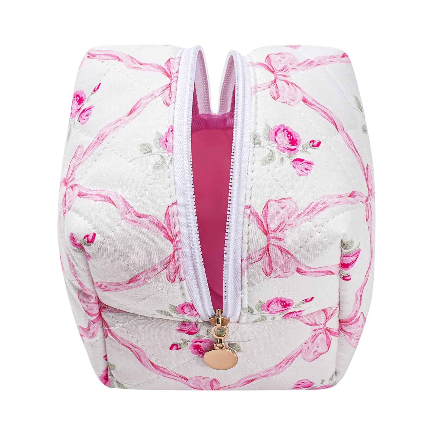 JOVAKIT Cubic Shaped Quilted Makeup Bag Cosmetic Bag for Women, Floral Coquette Cotton Cube Travel Makeup Case Zipper Make Up Pouch, Travel Storage Organizer (Pink Bowknot)