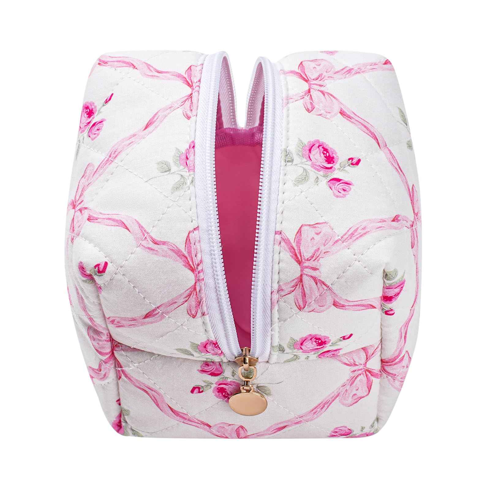 JOVAKIT Cubic Shaped Quilted Makeup Bag Cosmetic Bag for Women, Floral Coquette Cotton Cube Travel Makeup Case Zipper Make Up Pouch, Travel Storage Organizer (Pink Bowknot)