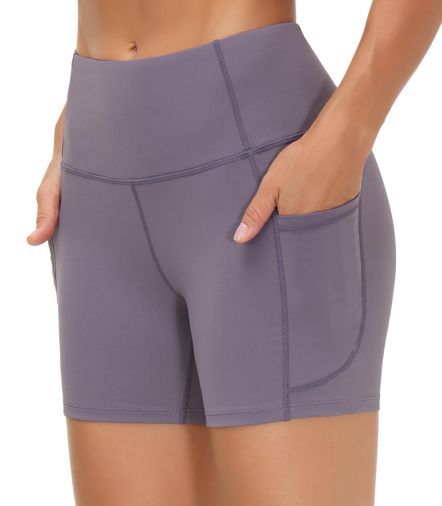 THE GYM PEOPLE High Waist Yoga Shorts for Women's Tummy Control Fitness Athletic Workout Running Shorts with Deep Pockets Grey Purple