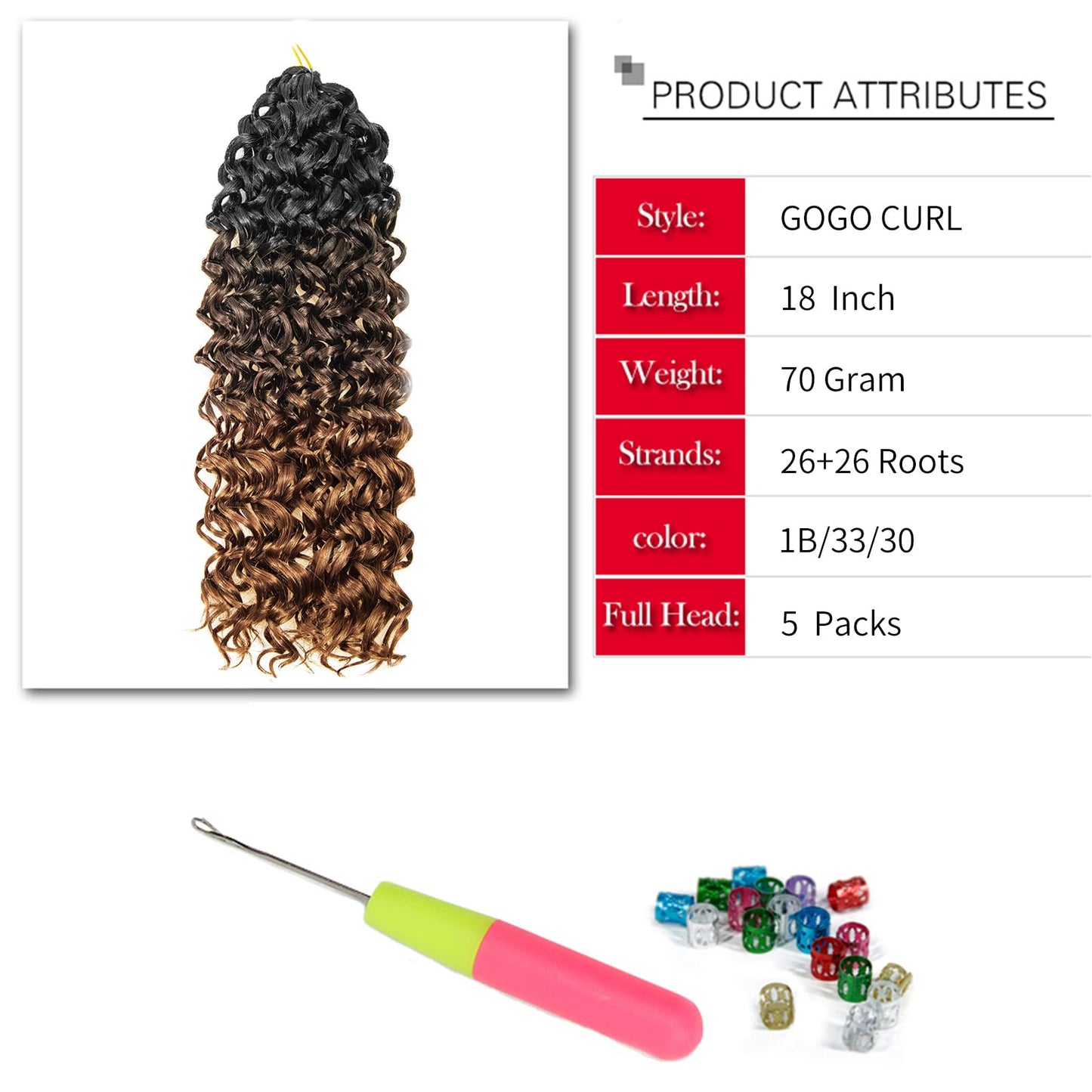 GoGo Curl Crochet hair Water Wave Crochet hair Ombre Brown Synthetic Bohemian Crochet Braid Deep Wave Braiding hair Extensions (18inch,5Packs,1B/33/30)