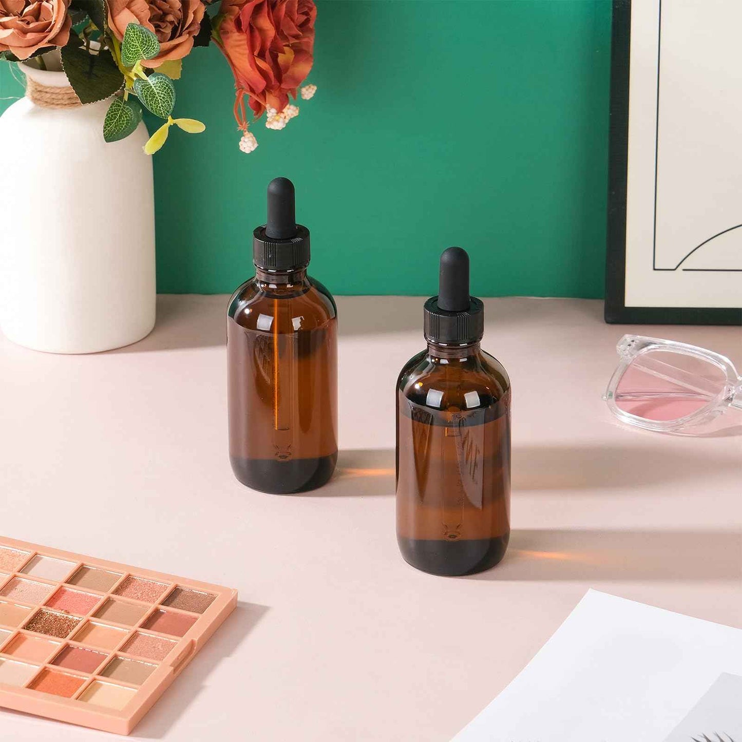 RAMFIYN 3 pack 4oz Amber Glass Dropper Bottle Refillable Tincture Bottles with Strong Measured Dropper Empty Essential Oil Container with Funnel and Labels