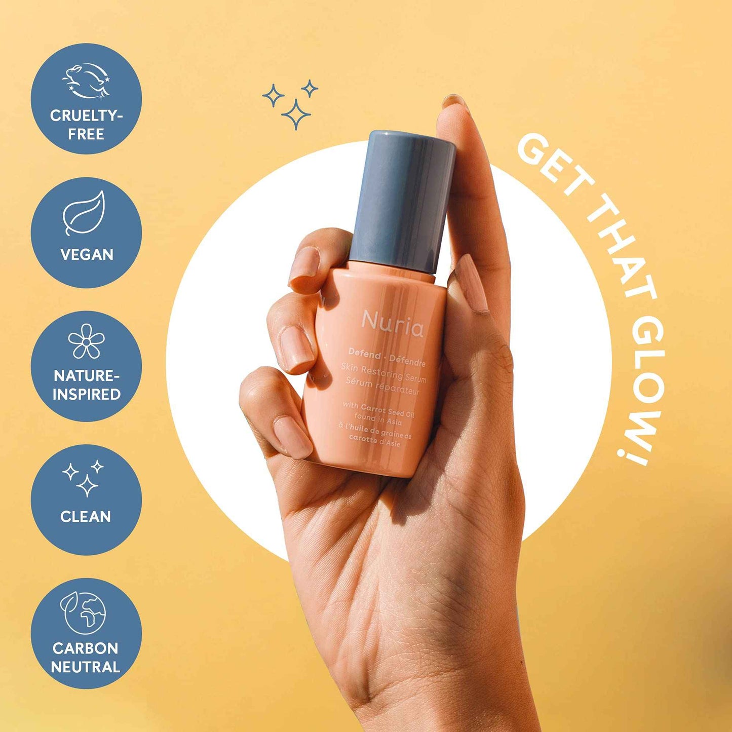 Nuria - Defend Skin Restoring Serum, Antioxidant Serum for All Skin Types, Skin Care Serum with Carrot Seed Oil, Rooibos Red Tea, and Sodium Hyaluronate, 25mL/0.8 fl oz