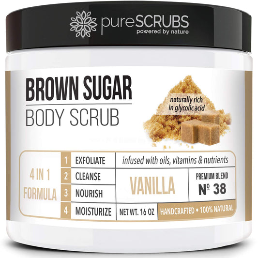 pureSCRUBS Premium Organic Brown Sugar VANILLA FACE & BODY SCRUB Set - Large 16oz, Infused With Organic Essential Oils, Glycolic Acid & INCLUDES Wooden Spoon, Loofah & Mini Exfoliating Bar Soap