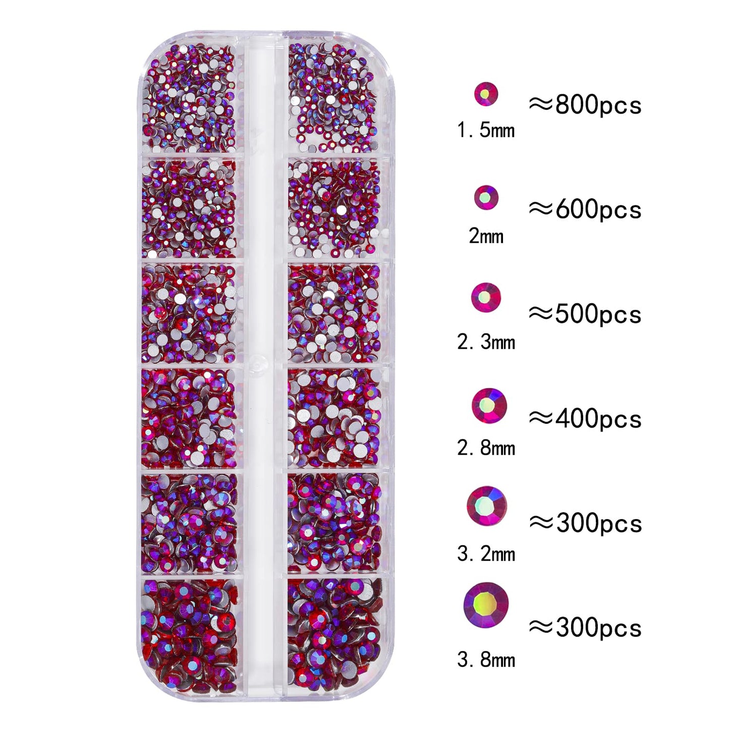 HNUIX Nail Rhinestones - 2920pcs 3D Multi Shape Size, Crystal AB Red Nail Gems, Flat Back, with Kit, for Nail Art, DIY Decorations