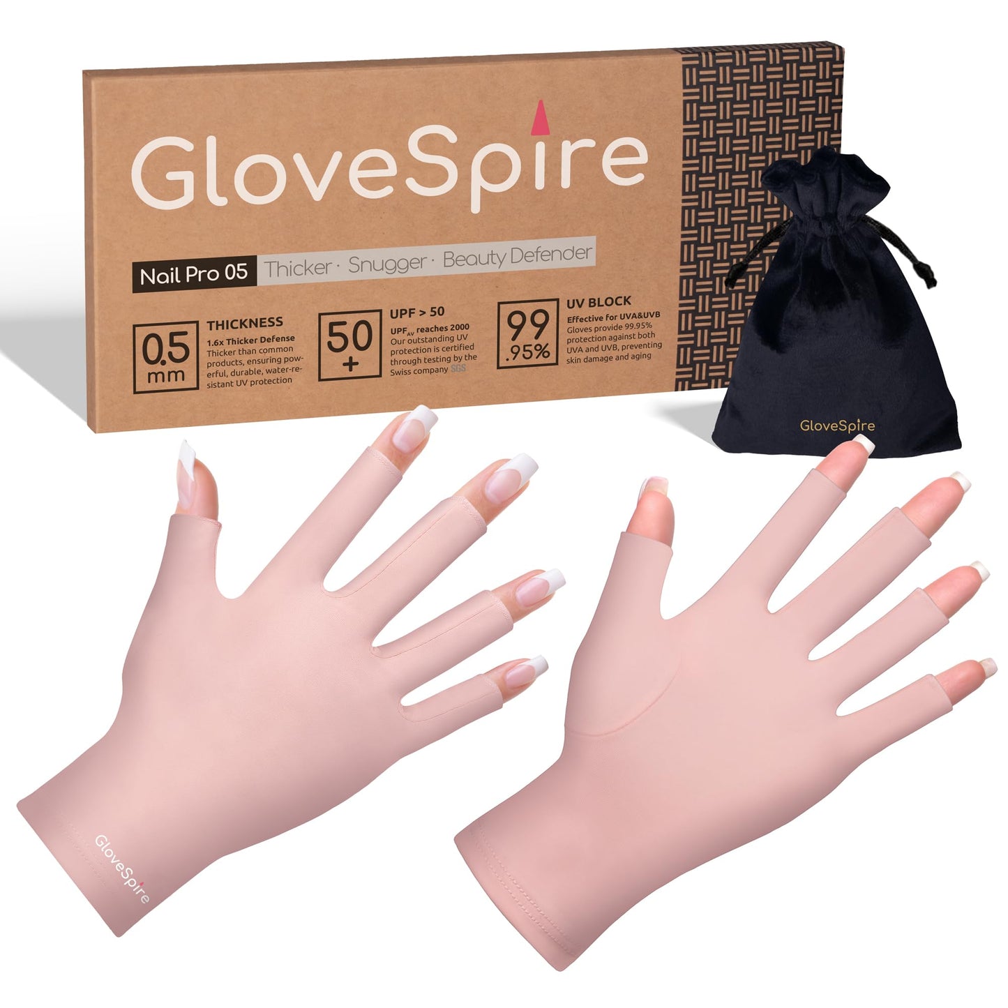 GloveSpire Thickened UV Gloves for Nails,UPF50+ UV Protection Gloves,Fingerless Gloves for Women Gel Manicures Anti UV Light(One Size Fits Most/Pink)