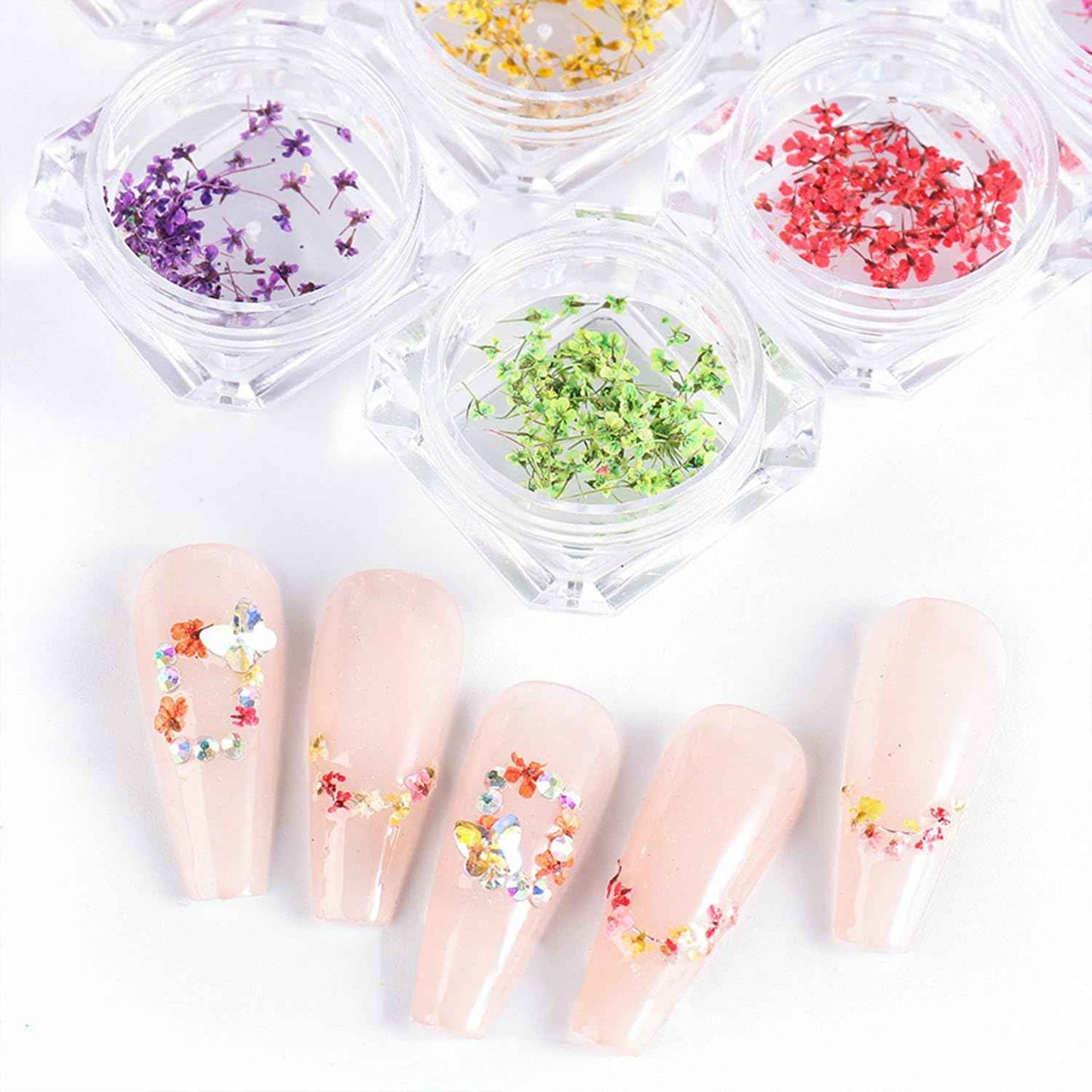 SILPECWEE 8 Boxes Dried Flowers for Nails Mini Real Nail Flowers 3D Dried Flowers Nail Stickers Nail Decor Manicure Design Nail Decorations for Makeup DIY Craft Accessories