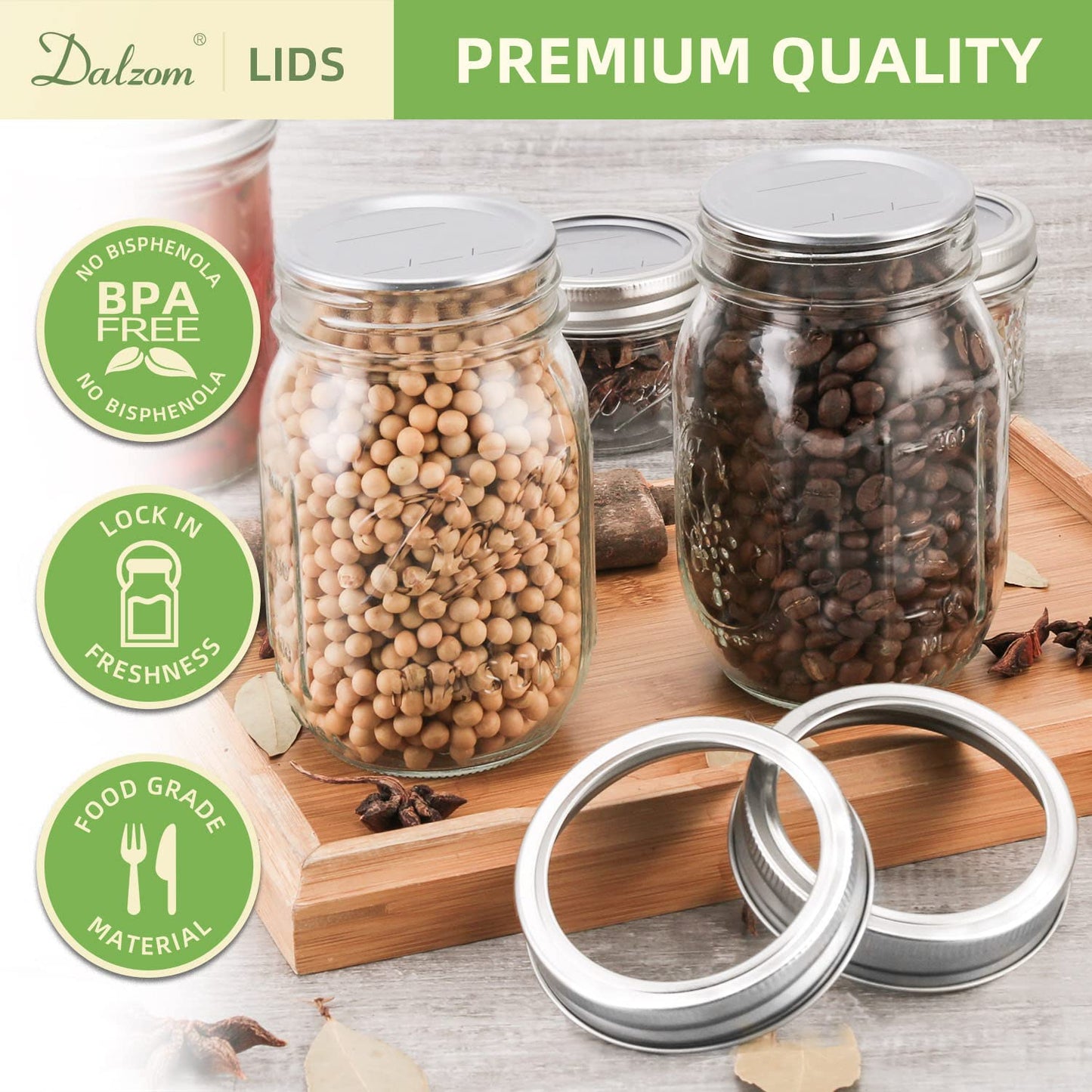 Dalzom® 48Pcs Canning Lids with Rings Wide Mouth, Premium Mason Jar Lids with Bands/Rings for Wide Mouth Ball, Kerr Jars - Food Grade Material, 100% Fit & Airtight for Wide Mouth Mason Jars