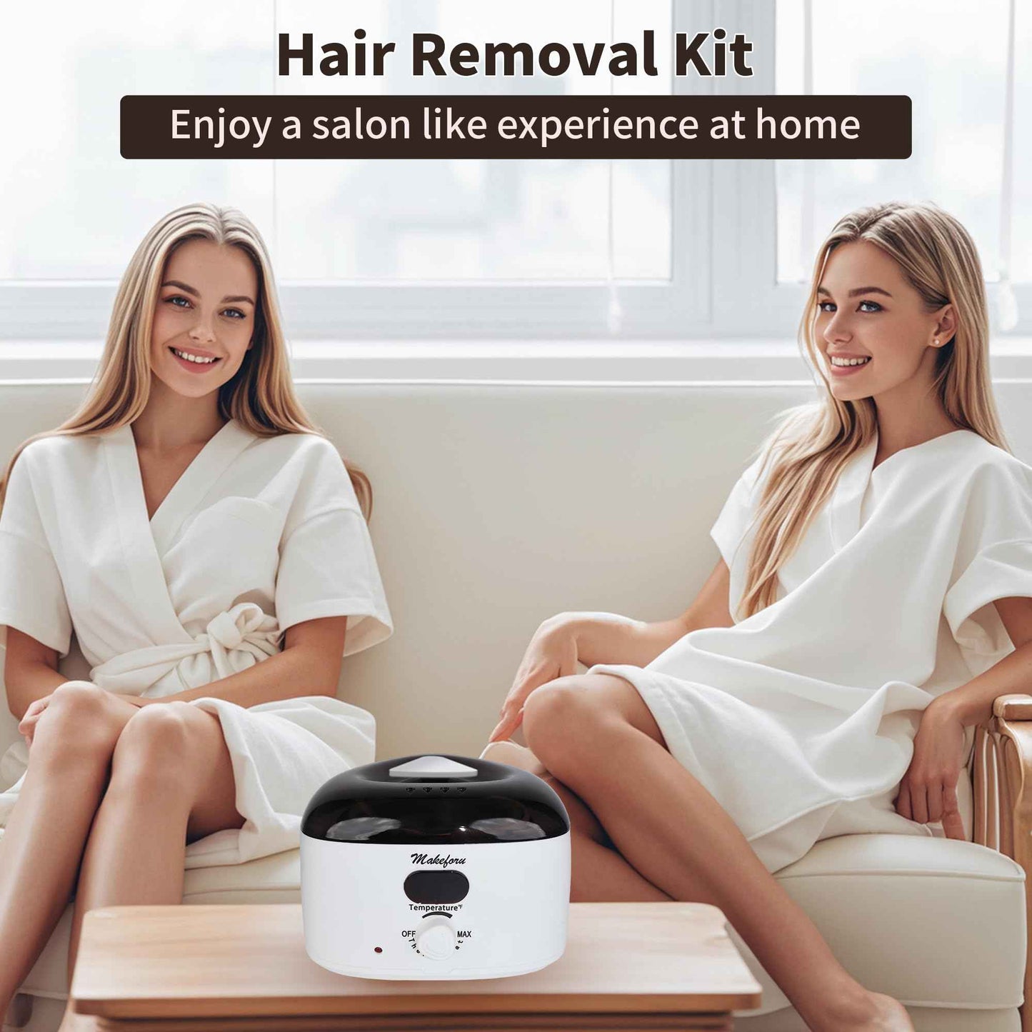 Makeforu Brazilian Waxing Kit - Bikini & Full Body Hair Removal with Digital Warmer, 4 Scented Wax Beads & 27 Silicone Tools - Home Waxing for Women & Men, Face & Body Care (White)