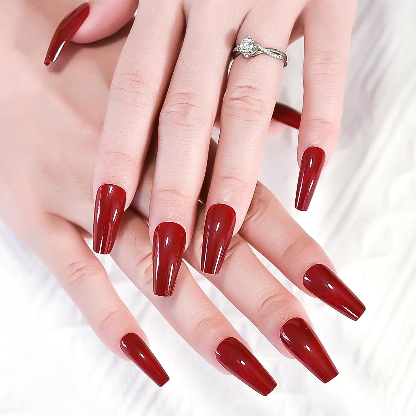 Elevenail Glossy Red Press on Nails Long Coffin False Nails Faux Ongles Reusable Solid Color Nail Art Tips Salon DIY Manicure Acrylic Fake Nails Gifts for Women Girls