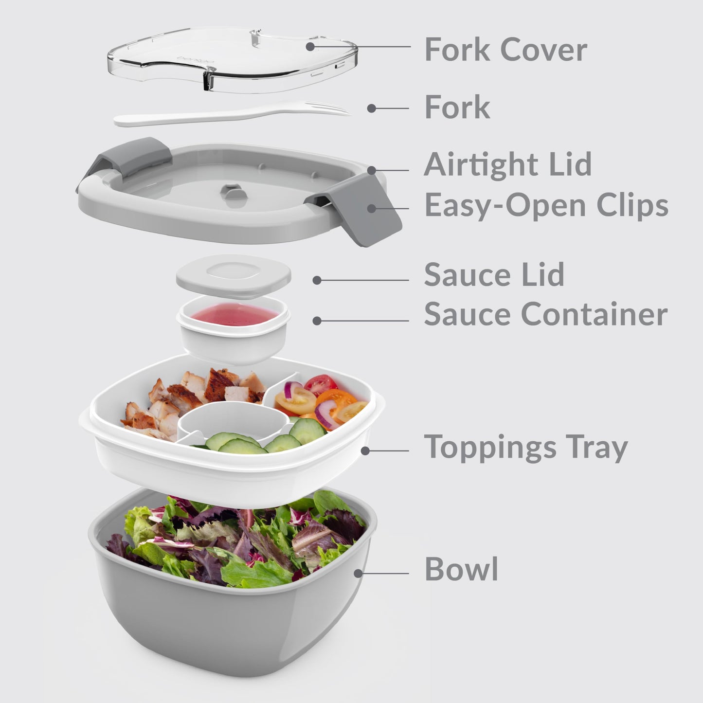 Bentgo All-in-One Salad Container - Large Salad Bowl, Bento Box Tray, Leak-Proof Sauce Container, Airtight Lid, & Fork for Healthy Adult Lunches; BPA-Free & Dishwasher/Microwave Safe (Gray)