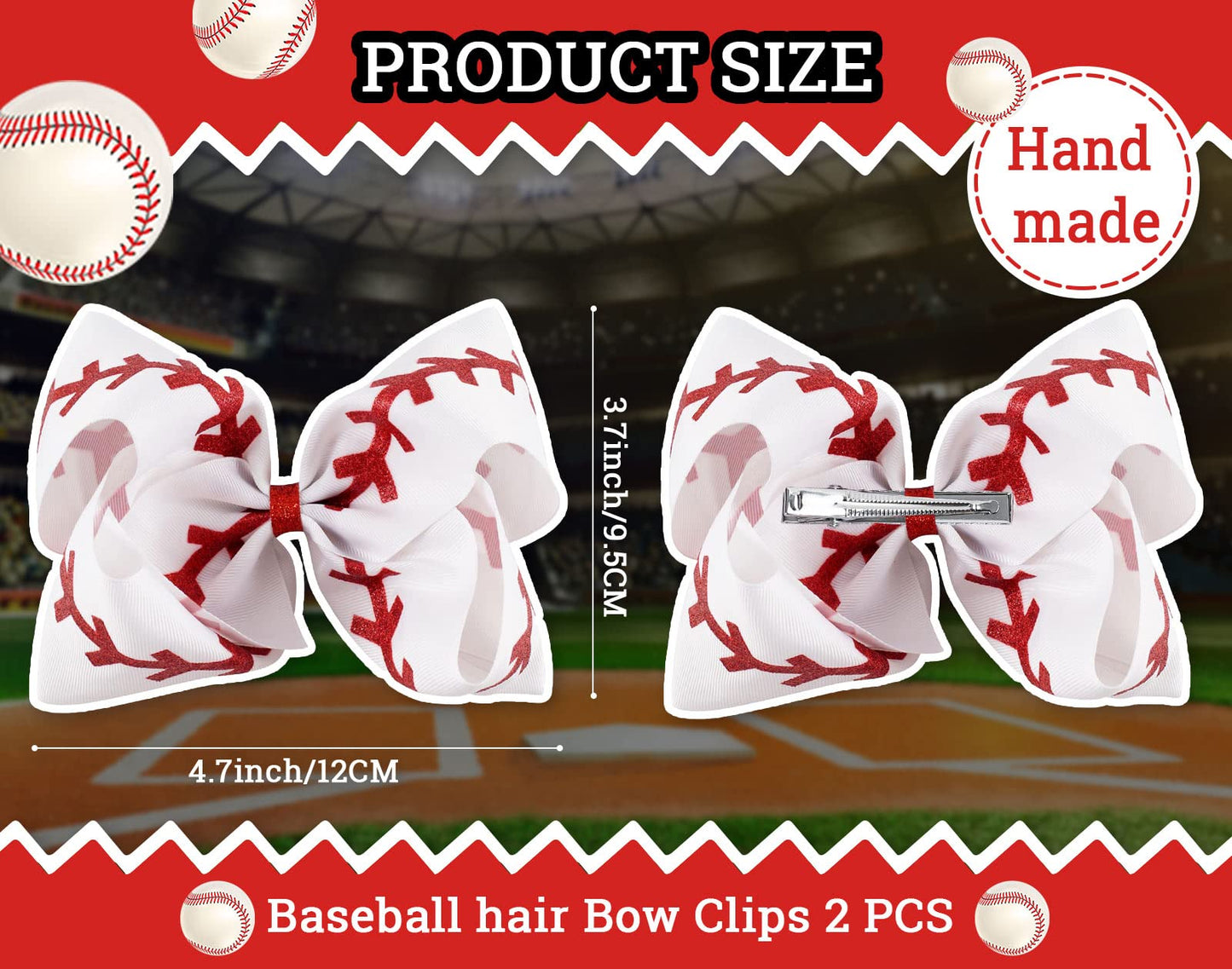 Whaline 2Pcs Baseball Glitter Hair Bow Clips Red and White Baseball Cheer Grosgrain Ribbon Barrettes Alligator Clips Hair Accessories for Girls Teens Toddlers