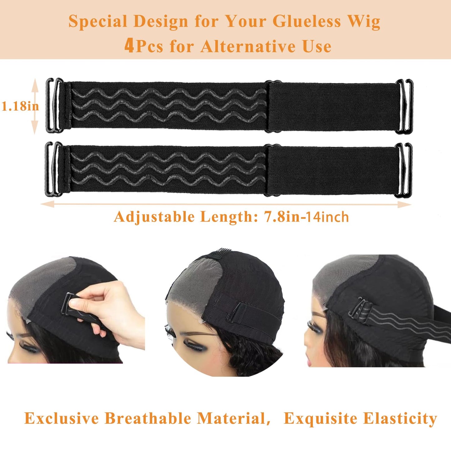 Atimiaza 4Pcs Adjustable Elastic Wig Band for Glueless Wig with Non-Slip Silicone Strips & Removable Buckles, Wig Bands for Keeping Wigs in Place Elastic Wig Strap to Secure Wig (Black)