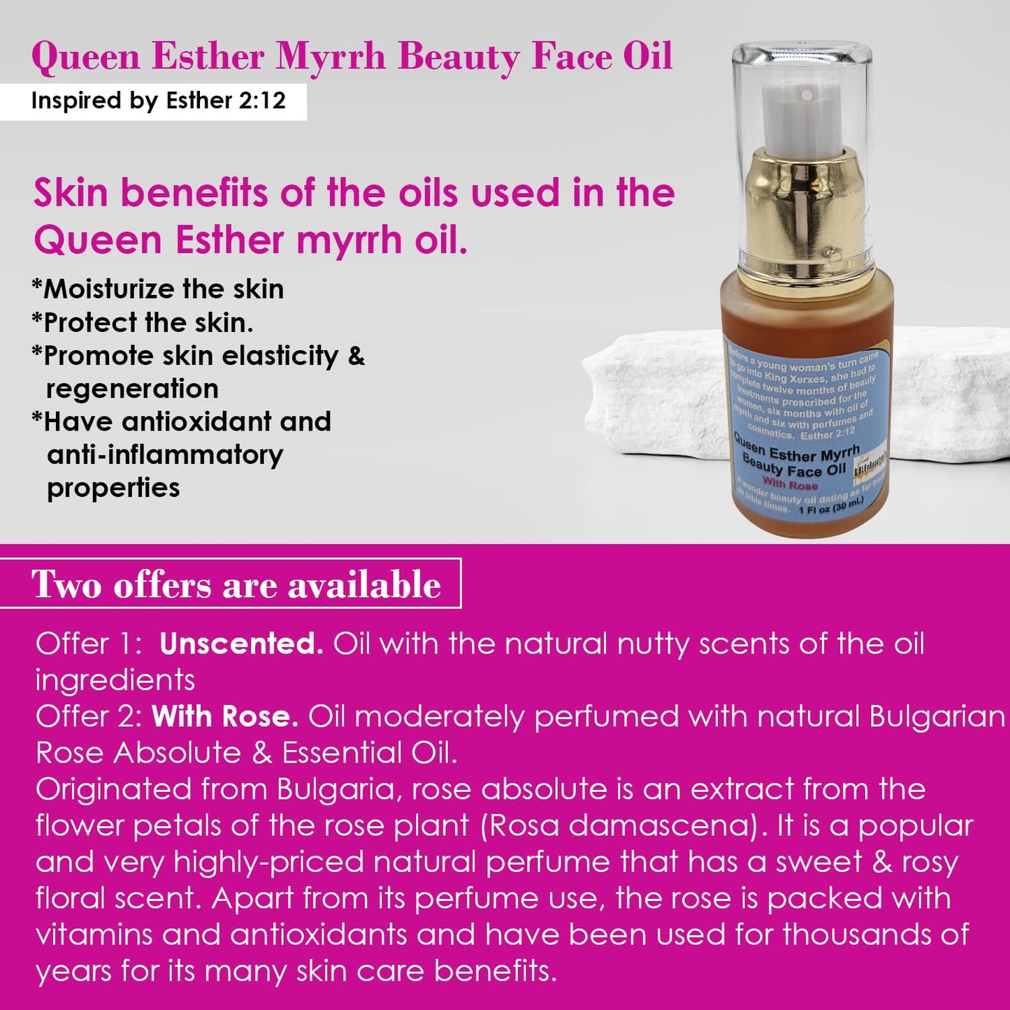 BIBLE N Beautyoils Queen Esther Myrrh Beauty Face Oil, Myrrh-Infused Skincare Essential Oils, Rosehip, Argan, Seabuckthorn, Pomegranate Seed Face Oil for Radiant Skin, 1.0 Fl Oz (Bulgarian Rose)