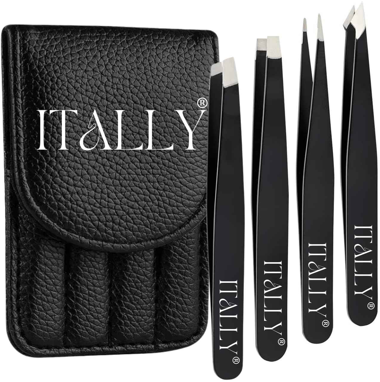 ITALLY Tweezers Set - Professional Eyebrow Tweezers - Stainless Steel Best Precision Tweezers for Women Facial Hair, Splinter, Blackhead & Ingrown Hair Removal, 4Pcs (Black)