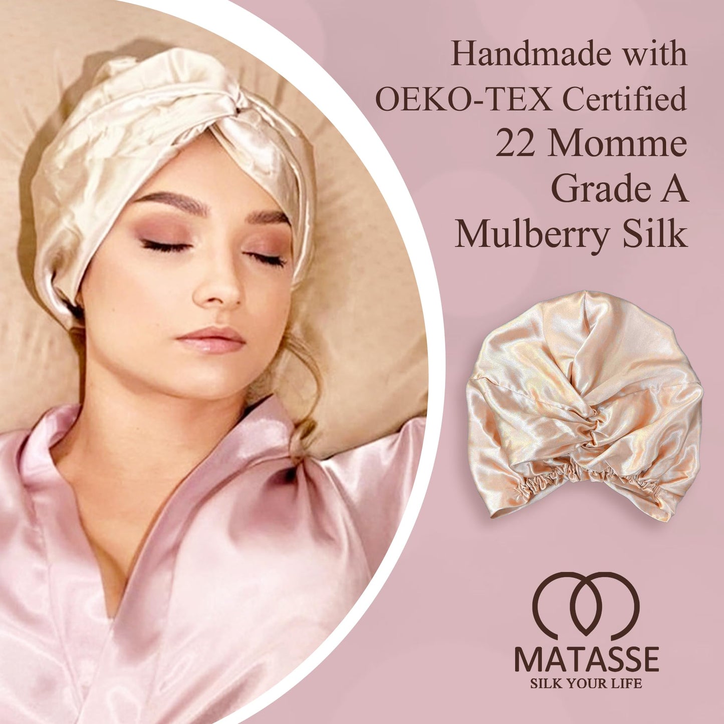 MATASSE Silk Bonnet for Sleeping - Adjustable Bonnet for Curly and Straight Hair, 22 Momme Silk Sleep Cap, Real Mulberry Silk on Both Sides, Bonnets for Women (Champagne)