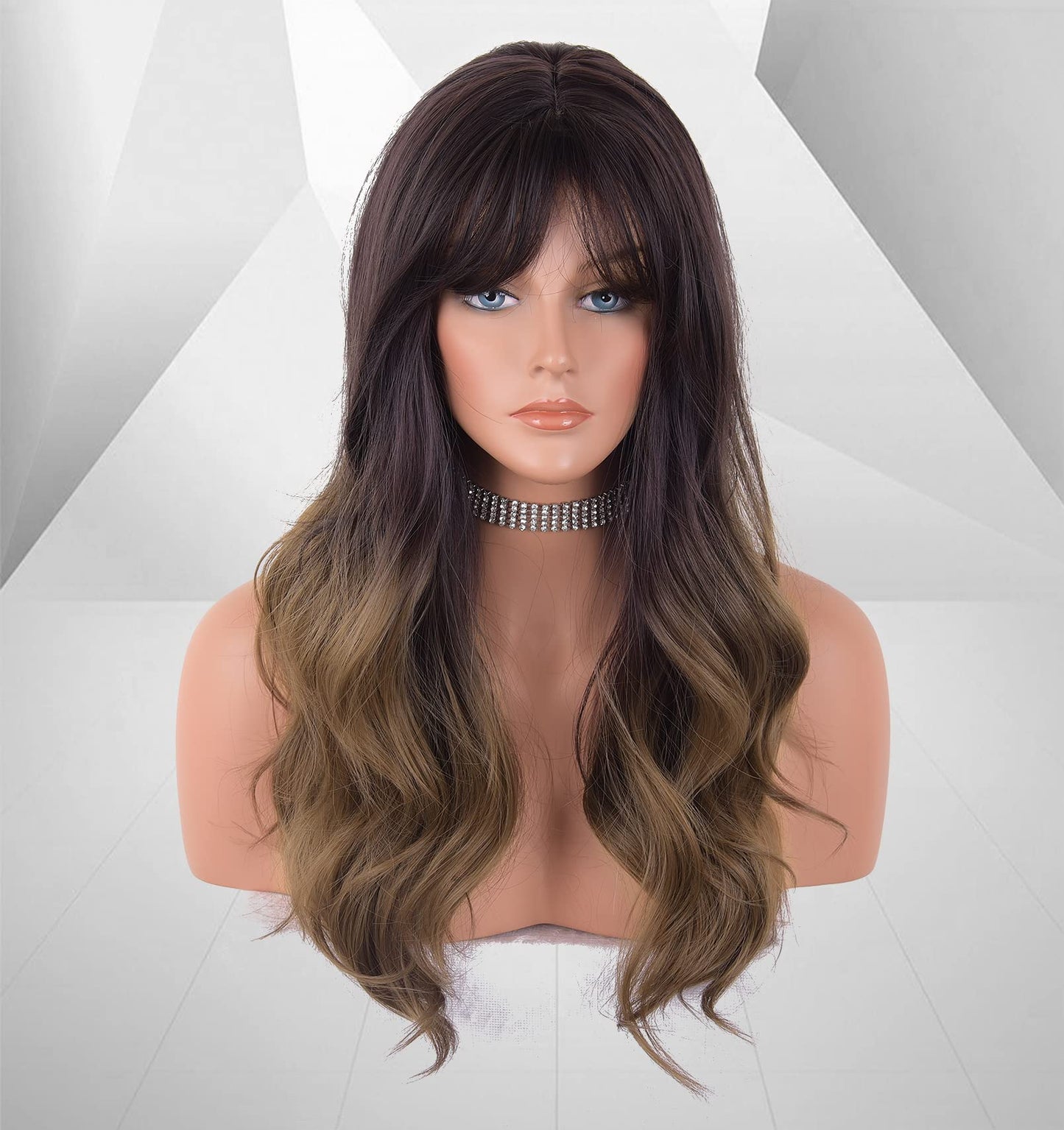 LANOVA Ombre Brown Wig with Bangs, Synthetic Wigs Brown Hair Wavy Wig, Glueless Afro Wig 22 inch LANOVA-180