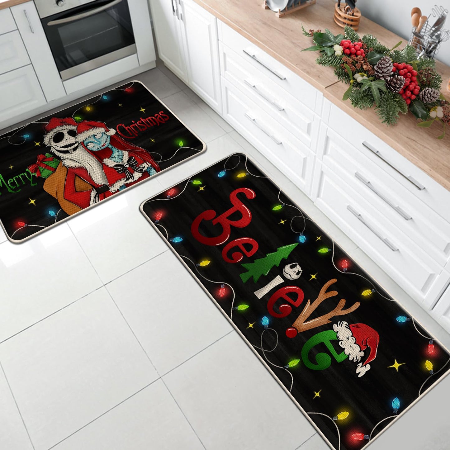 Tailus Merry Christmas Believe Kitchen Rugs Set of 2, Xmas Jack Skellington Sally Black Kitchen Mats Decor, Funny Holiday Floor Door Mat Home Decorations -17x29 and 17x47 Inch