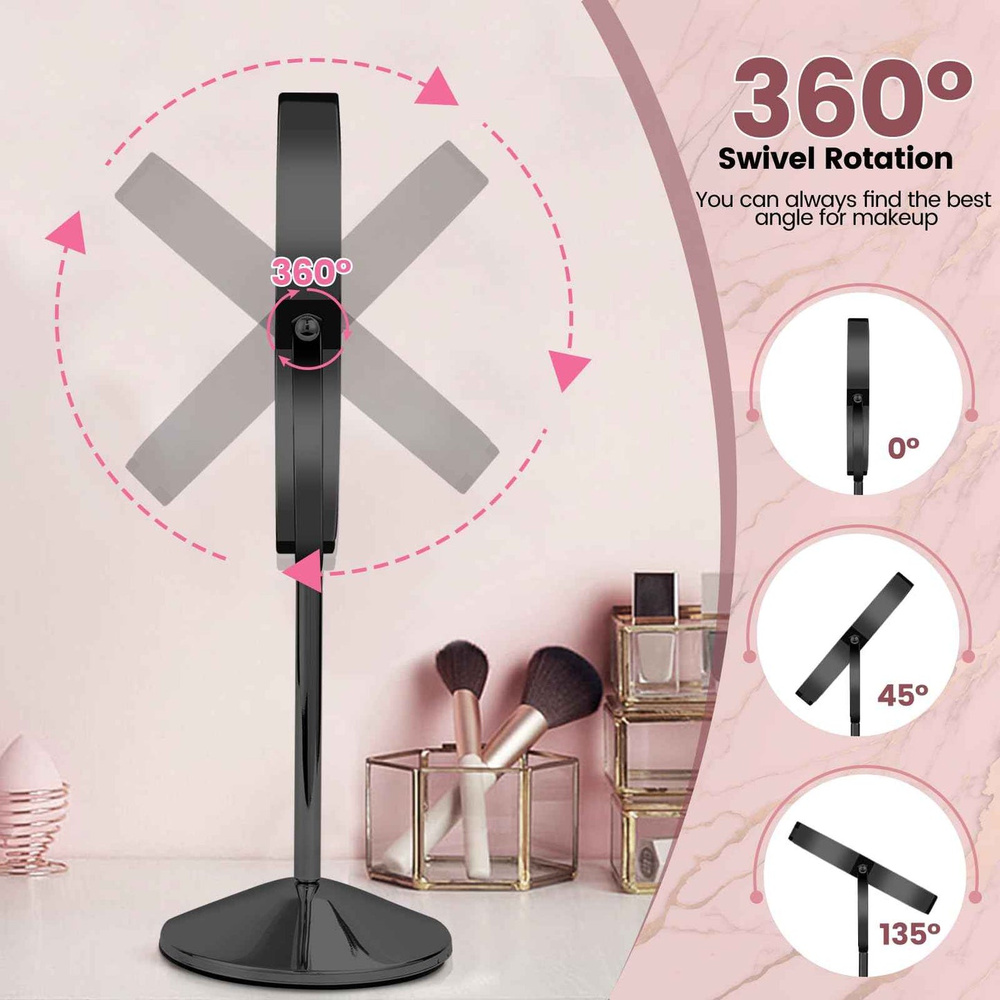 AumVum 8" Vanity Mirror with Lights Rechargeable, 1X/10X Magnifying Makeup Mirror with Touch Screen, 54 LED Adjustable Brightness, 3 Color Modes, 360° Rotation for Tabletop & Bedroom